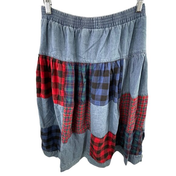 Vintage 90s Susan Bristol Patchwork Skirt Size 10 Plaid Denim Flannel Chambray - Picture 2 of 10